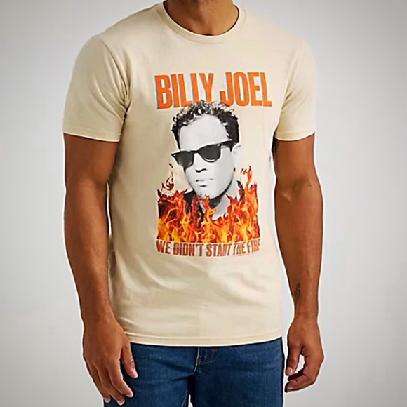 Lee Billy Joel We Didn’t Start The Fire Flames Sunglasses Graphic Beige T Shirt - Picture 2 of 5